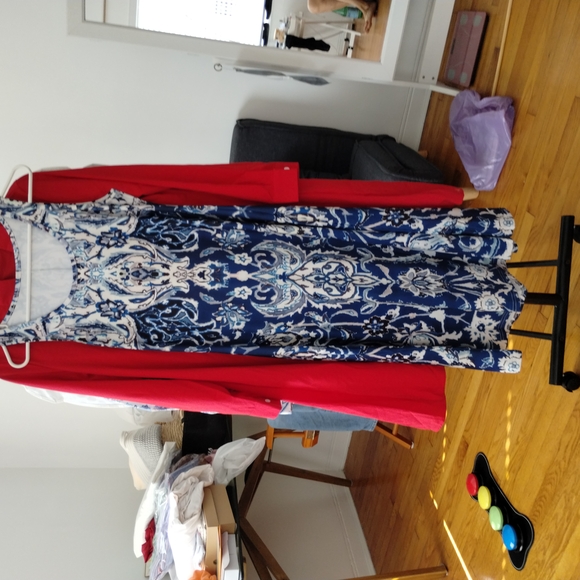 Blue and White Textured Midi Dress with Floral Pattern - Picture 3 of 3